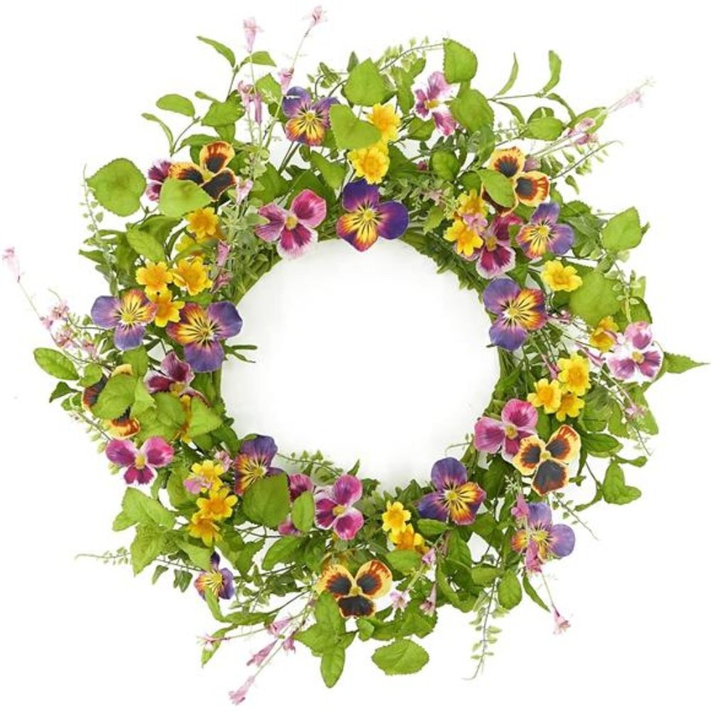 Artificial 20" Spring Summer Wreath with Pansy Flower,Yellow Daisy,Rose Leaf
